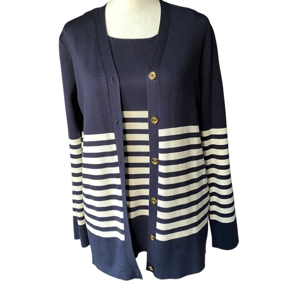 Lauren Ralph Lauren Petite Striped Knit Tank Cardigan Sweater Set Navy Ivory PP